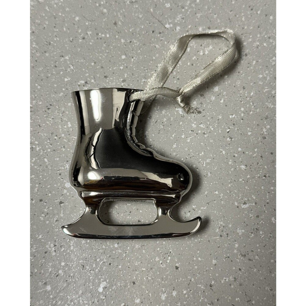 RESTORATION HARDWARE Heavy Christmas Ornament Silver Ice Skate Vintage Ribbon